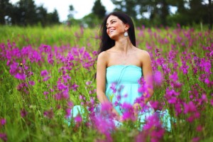 woman on pink flower field